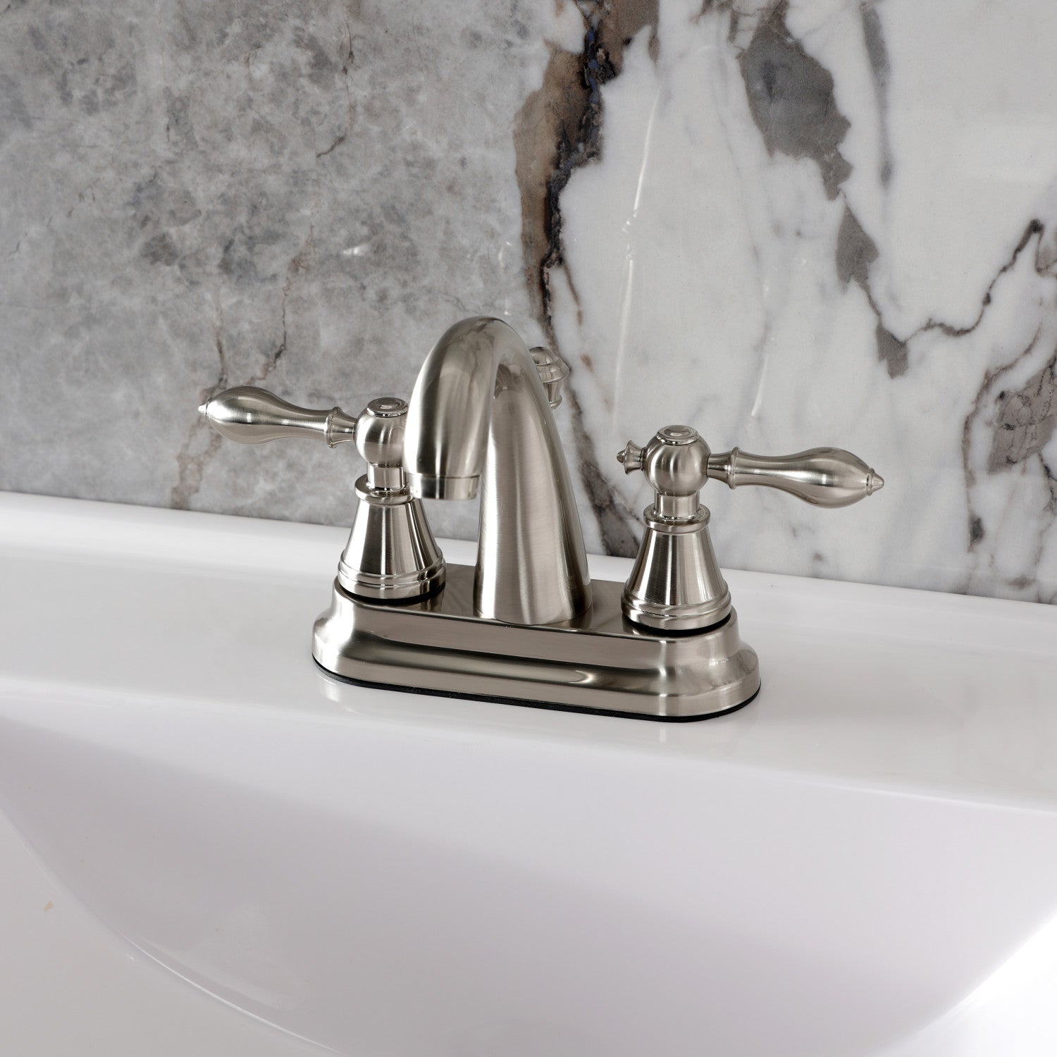 Kingston English Classic FSY7618AL Double-Handle 3-Hole Deck Mount 4-Inch Centerset Bathroom Faucet with Pop-Up Drain, Brushed Nickel — thumbnail 2